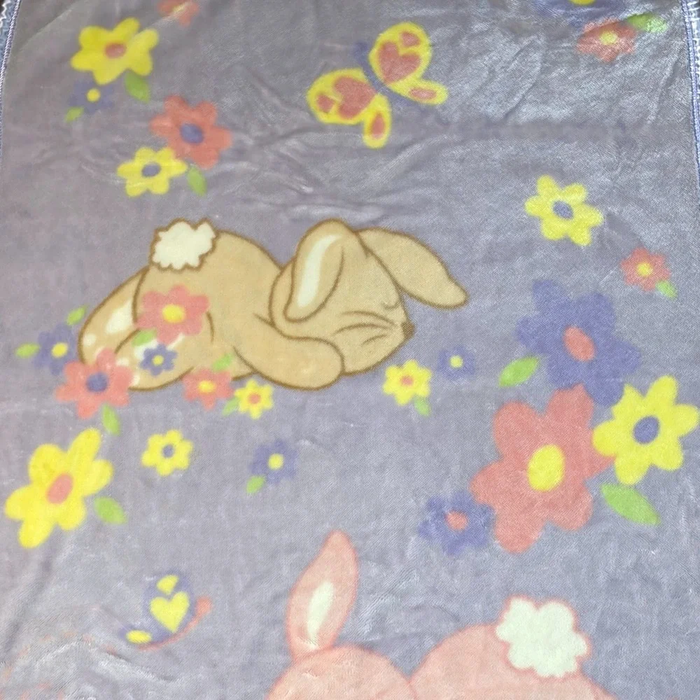Springmaid Baby Purple Bunny Floral Satin Trim Plush Fleece Blanket 30x44
